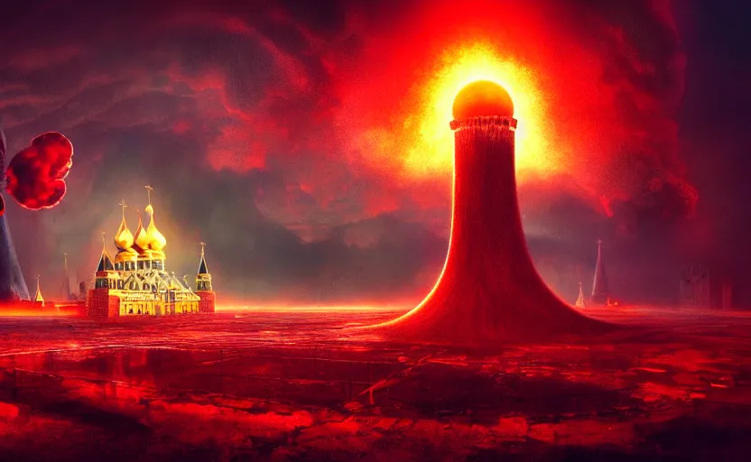 Image similar to nuclear explosion with nuclear mushroom in Red Square Kremlin, intricate, dark atmosphere, cinematic shot, extremely high detail, photo realistic, cinematic lighting, post processed, artstation, matte painting, smooth, sharp focus, illustration, elegant, fantasy