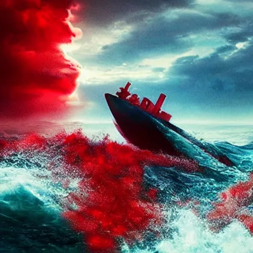 Prompt: anti - christ rising from a red ocean. ominous. vivid color detailed photograph from a 2 0 2 0 s blockbuster vfx horror movie. a capsized boat.