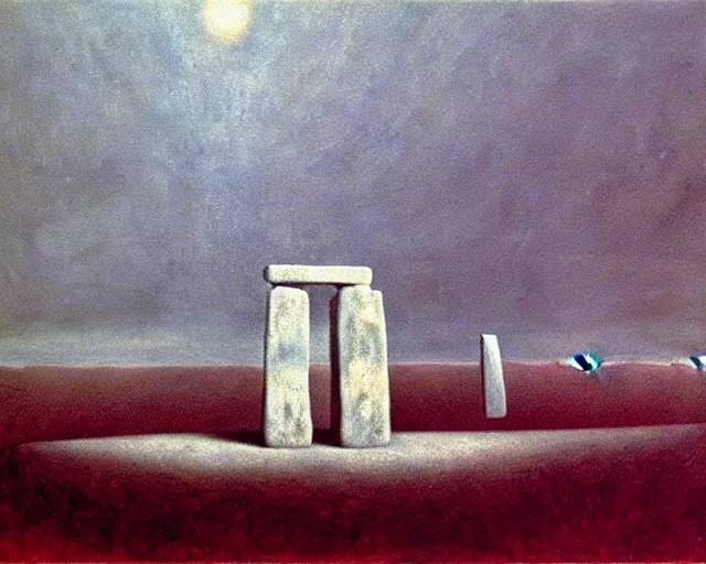 Image similar to painting of Stonehenge by Yves Tanguy, underneath a painting of a spaceship by Beksinski