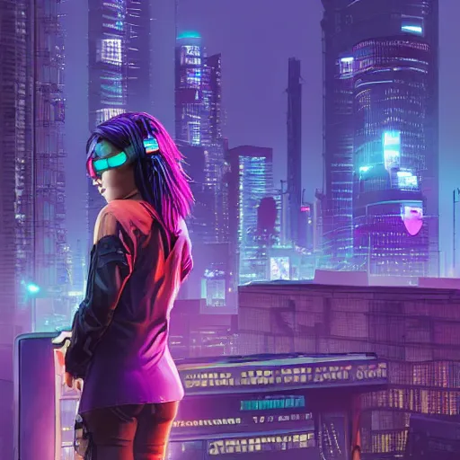 Image similar to book cover artwork of cyberpunk girl standing on a rooftop, short purple hair with undercut, realistic body shape, wearing long leather trenchcoat and black cargo pants. night time, neon cityscape background, flying blimp in the distance. 8 k