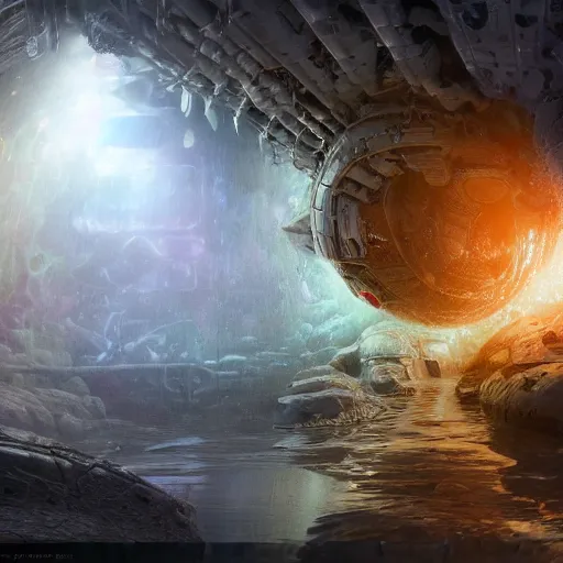 Image similar to concept art by craig mullins astronaut in futuristic dark and empty spaceship underwater. infrared complex and hyperdetailed technical suit. mandelbulb fractal. reflection and dispersion materials. rays and dispersion of light. volumetric light. 5 0 mm, f / 3 2. noise film photo. flash photography. unreal engine 4, octane render. interstellar movie art