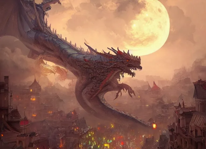 Image similar to giant dragon attacking a city during a festival, highly detailed, digital illustration, artstation, concept art, matte, sharp focus, illustration, dramatic, full moon, art by artgerm and greg rutkowski and alphonse mucha