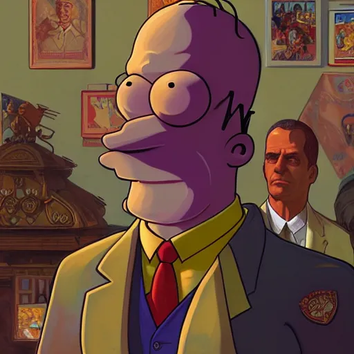 Prompt: [Homer Simpson as the president of France as GTA character, propaganda, closeup, D&D, intricate, elegant, highly detailed, digital painting, artstation, concept art, matte, sharp focus, illustration, art by Artgerm and Greg Rutkowski and Alphonse Mucha and Enki Bilal]