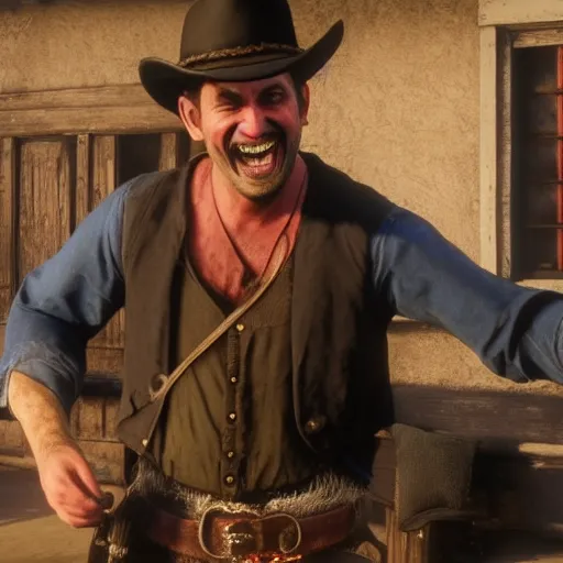 Prompt: Film still of Spanish Laughing Guy, from Red Dead Redemption 2 (2018 video game), no hat, no text