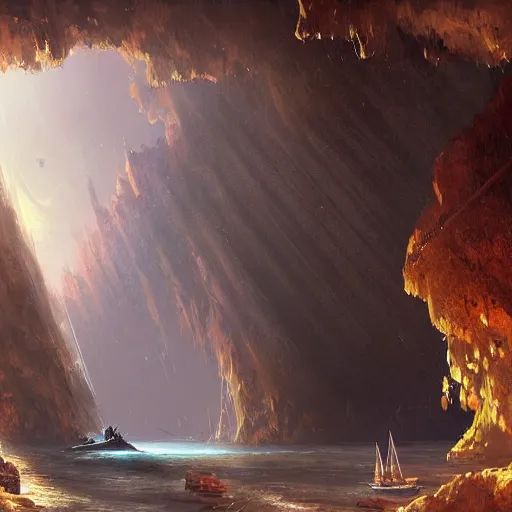 Prompt: a galleon ship, lost in a cave, by Darek Zabrocki