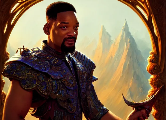 Image similar to will smith as oscar diggs, intricate, d & d, fantasy, art nouveau, digital painting, trending on artstation, sharp focus, wide shot, illustration, global illumination, ray tracing, art by artgerm and greg rutkowski and ruan jia