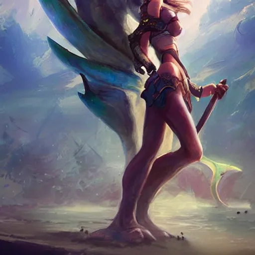 Prompt: triton girl having a great time riding on a goliath's shoulders, dnd concept art, painting by ross tran