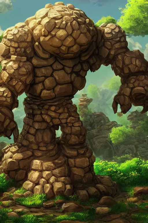 Image similar to zelda fantasy art giant golem troll wood rock greeble gemstone, global illumination ray tracing hdr fanart arstation by sung choi and eric pfeiffer and gabriel garza and casper konefal