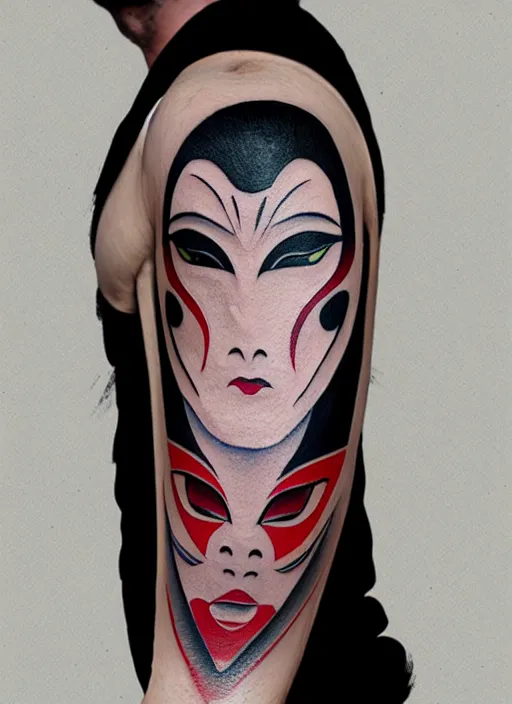 Image similar to kabuki mask tattoo design by greg rutkowski