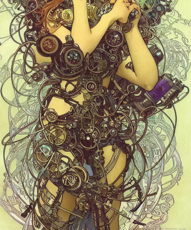 Image similar to realistic detailed portrait of a korgi! mecha cyberpunk! mage! by alphonse mucha and charlie bowater and art germ, rule of thirds, golden ratio, art nouveau! cyberpunk! style, mechanical accents!, mecha plate armor, glowing leds, flowing wires with leaves, art nouveau accents, art nouveau patterns and geometry, rich deep moody colors