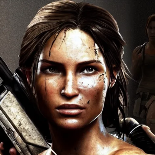 Image similar to lara croft, muddy face, examine diamond in awe, an film still, photorealistic