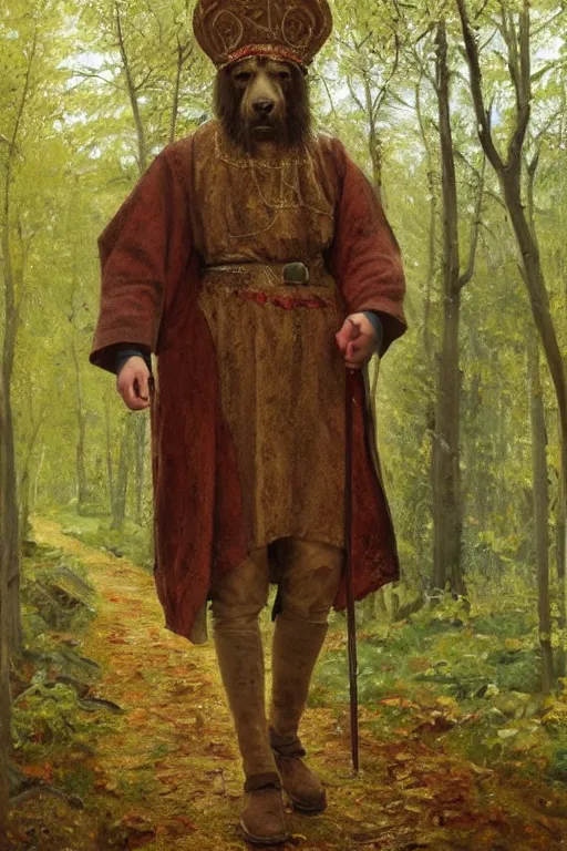 Image similar to Slavic dog head man, woolen torso in medieval clothes, walking in the forest, Orthodox Saint Christopher, oil painting, painting by Viktor Vasnetsov, concept art, hyperrealism, beautiful, high resolution, trending on artstation,