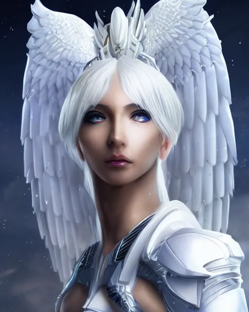 Image similar to perfect white haired attractive egyptian goddess with huge white dove wings, warframe armor, beautiful, symmetric, dreamy, half asian, pretty face, blue eyes, detailed, scifi platform, laboratory, experiment, 4 k, ultra realistic, epic lighting, android body, illuminated, cinematic, masterpiece, art by akihito tsukushi, voidstar