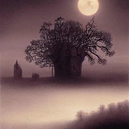 Image similar to A haunting dark castle stands over a misty orchard, a crescent moon dimly shines; lighting a small path that winds through the trees. A matte painting in the style of Wayne Barlowe, by Zdzisław Beksiński.