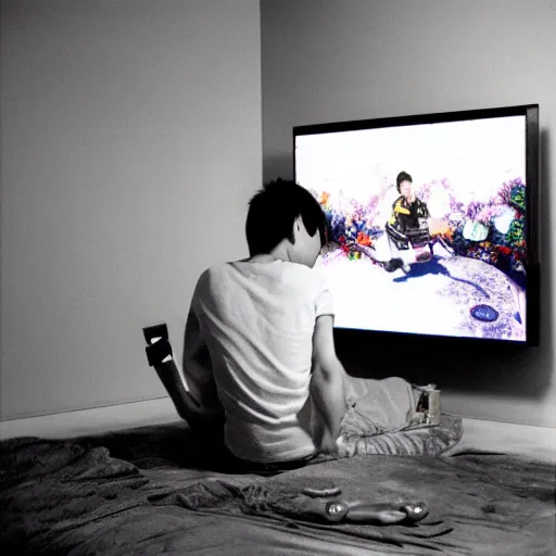 Prompt: hyperralism photography of detailed kim chen playing xbox in basement bedroom by araki hobuyoshi