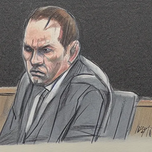 Prompt: courtroom sketch of a man on trial for violating the physical laws of the 4 th dimension