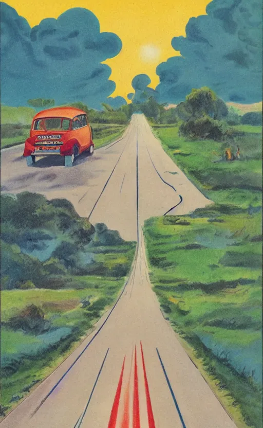 Image similar to paperback book cover. 1 9 5 0 s. pure colors, melting clouds, accurately drawn details, a sunburst above a receding road with the light reflected in furrows and ruts, after rain. and no girls.