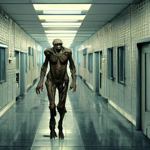 Image similar to 1 9 8 0 s sci - fi movie, still frame, skinned monster demon in hi - tech corridor, photorealistic