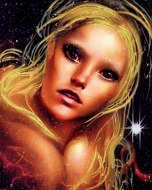 Prompt: a baroque painting of a gorgeous young woman in dead space, with wild blonde hair and haunted eyes, 1 9 7 0 s, space station, neon light showing injuries, delicate ex embellishments, painterly, offset printing technique