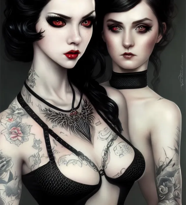 Image similar to two beautiful pale skin white eyed cosplay girls, black hair, fully tattooed body, fishnet corset with choker and whip on hand, symmetrical, beautiful detailed face, masterpiece, artstation contest winner, trending artgerm, paint by tom bagshaw