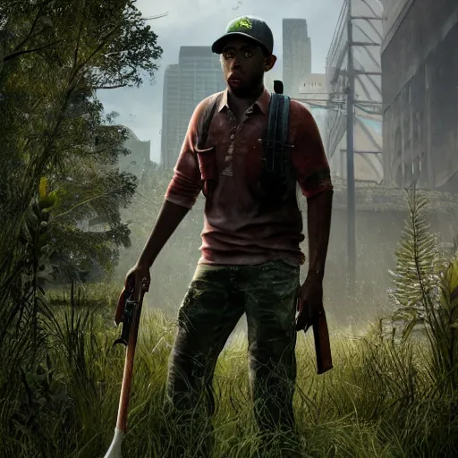 Image similar to high quality 8k screenshot of tyler the creator in The Last Of Us, 8k full body model, detailed rusty texture