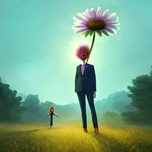 Image similar to giant daisy flower face, frontal, girl in a suit, surreal photography, sunrise, dramatic light, impressionist painting, digital painting, artstation, simon stalenhag