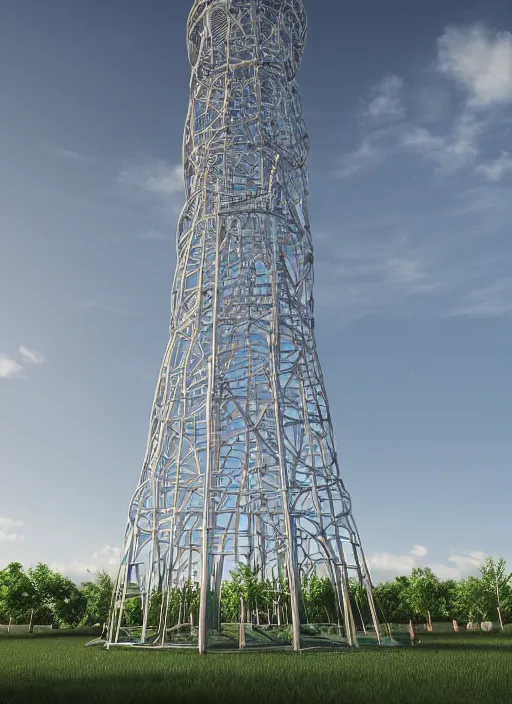 Image similar to highly detailed realistic architecture 3 d render of a stele shukhov tower standing in a city park, archdaily, made in unreal engine 4 octane render