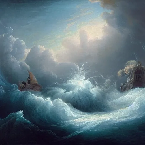 Prompt: an epic and beautiful rococo painting of a water-level view of Noah’s ark with the bow of the ark lifting out of the water in the turbulent swells of a violent stormy ocean. In the distance, a silver disc-shaped alien craft hovers high above the ark, dramatic thunderous sky. breaking light. light particles. ultra-detailed. Anime, pixiv, UHD 8K CryEngine, octane render