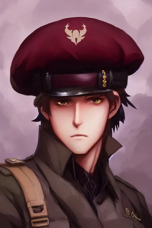 Image similar to beautiful portrait commission military clothes maroon beret. Atmospheric. Character design by charlie bowater, ross tran, artgerm, and makoto shinkai, detailed, inked, western comic book art. male anthro!!! fruit bat