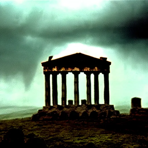 Image similar to eerie, greek fantasy landscape, a giant translucent shining ghost face in the stormy clouds, stanley kubrick movie frame