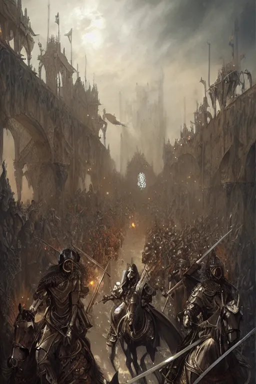 Image similar to medieval parade of knights, holiday, by wlop, by luis royo, by peter mohrbacher, concept art, digital illustration, intricate, masterpiece, elegant, super detailed, unreal engine rendering, smooth, sharp focus, artstation hq