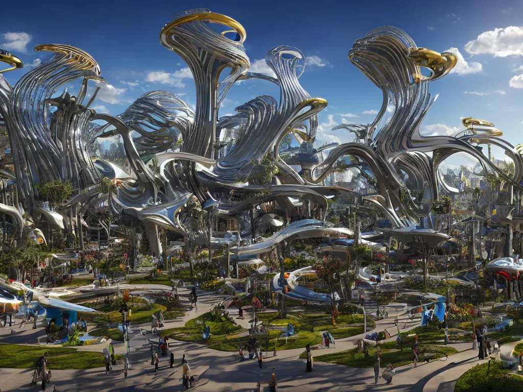 Image similar to a busy elaborate ornate outdoor sci - fi park, cinematic, shadows, partly cloudy day, 4 k, detailed, by zaha hadid and basquiat