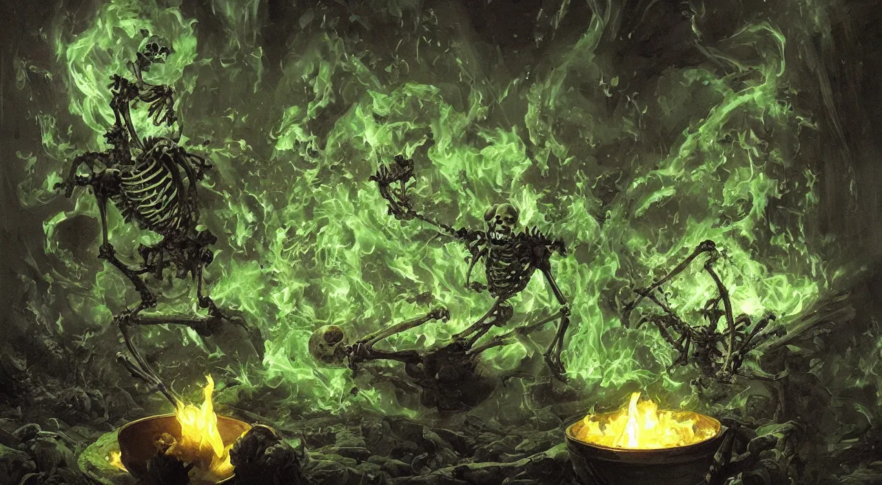 Image similar to A highly detailed oil painting by Greg Rutkowski of a skeleton wearing black robes making a potion in a huge bubbling cauldron glowing bright green, with lots of fire coming from it, highly detailed fantasy concept artwork, very realistic, green and black color scheme.