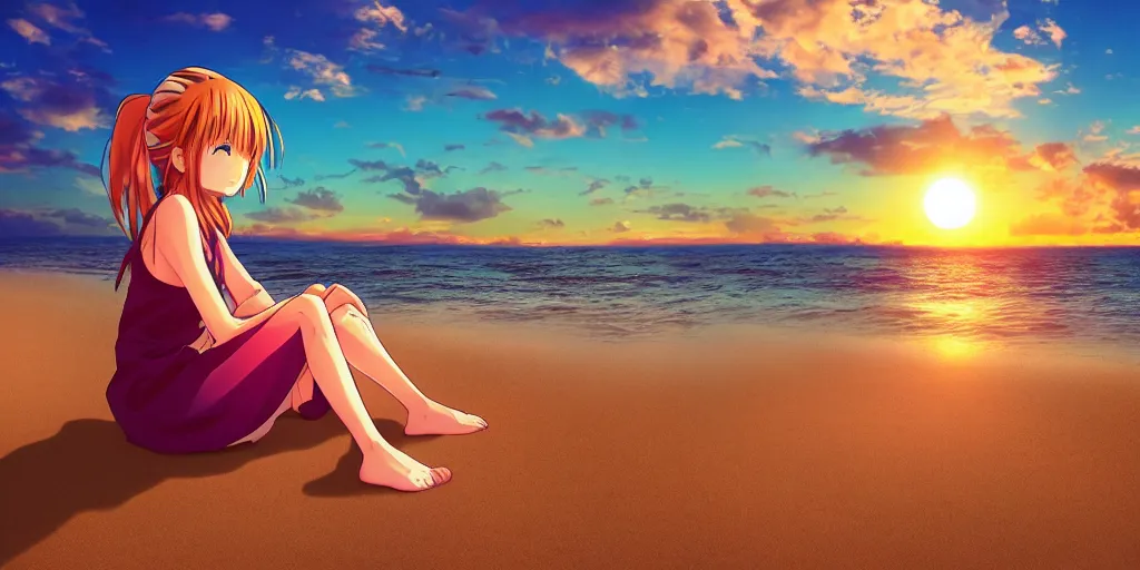 Prompt: an anime girl sitting on the shore, a beautiful beach, sunset. anime in the style of studio ghibl