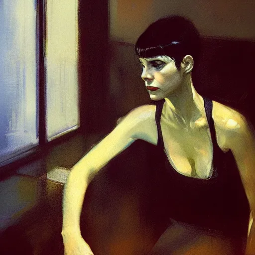 Image similar to portrait of rachael from bladerunner by jeremy mann and edward hopper