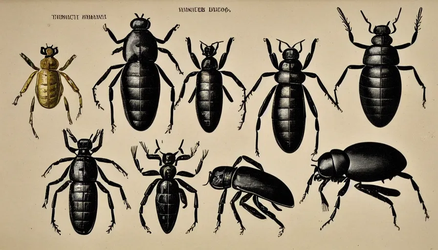 Prompt: vintage scientific illustration of humanoid beetles, damaged,