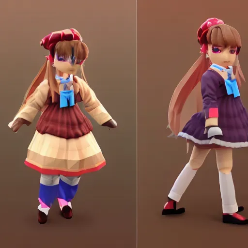 Prompt: ultra low poly modelling, smooth color gradients, isometric view, 1 6 bit colors, from touhou, a chibi girl, brown jacket with long sleeves, pigtails hair, volumetric lighting, fantasy, 4 k, intricate, hyper realistic, by blizzard, warcraft 3, backlit