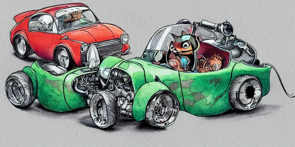 Image similar to racoon riding in a tiny hot rod coupe with oversized engine, ratfink style by ed roth, centered award winning watercolor pen illustration, by chihiro iwasaki, edited by range murata