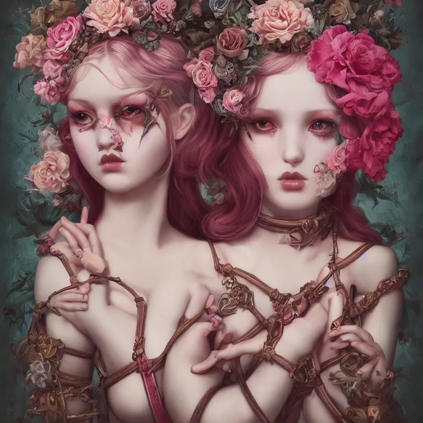 Image similar to pop surrealism, lowbrow art, realistic seductive cute woman painting, pink body harness, long hair, japanese shibari with flowers, hyper realism, muted colours, rococo, natalie shau, loreta lux, tom bagshaw, mark ryden, trevor brown style,
