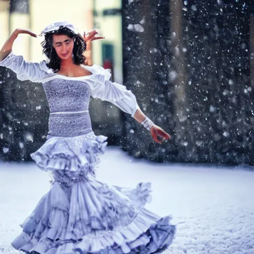 Image similar to beautiful woman dancing flamenco while snowing on snow