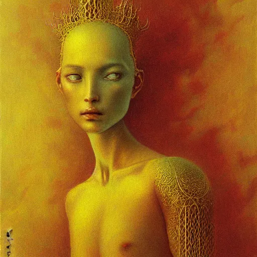 Image similar to portrait of ethereal young dragon princess in golden armour by Beksinski