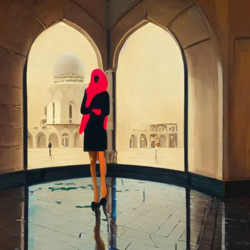 Image similar to beautiful woman, courtyard, capital, mosque interior, reflections, control panel, watcher, omniscient, tech noir, few neon signs, concept art, speed painting, oil on canvas