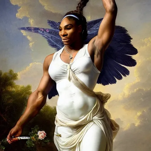 Image similar to Full body Portrait of Serena Williams as Nike Goddess, large wings, luxuriant, dreamy, eternity, romantic, strong pose, highly detailed, in the style of Franz Xaver Winterhalter, highly detailed, in the style of Aetherpunk