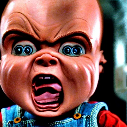 Image similar to chucky doll screaming in too gun movie