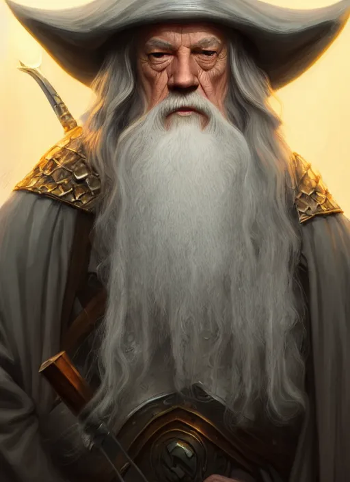 Prompt: gandalf the grey, d & d, fantasy, intricate, elegant, highly detailed, digital painting, artstation, concept art, matte, sharp focus, illustration, hearthstone, art by artgerm and greg rutkowski and alphonse mucha