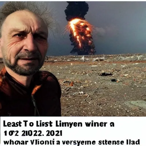 Image similar to last selfie of last alive ukrainian very damaged after a nuclear strike, a nuclear explosions in the background, 2 0 2 2