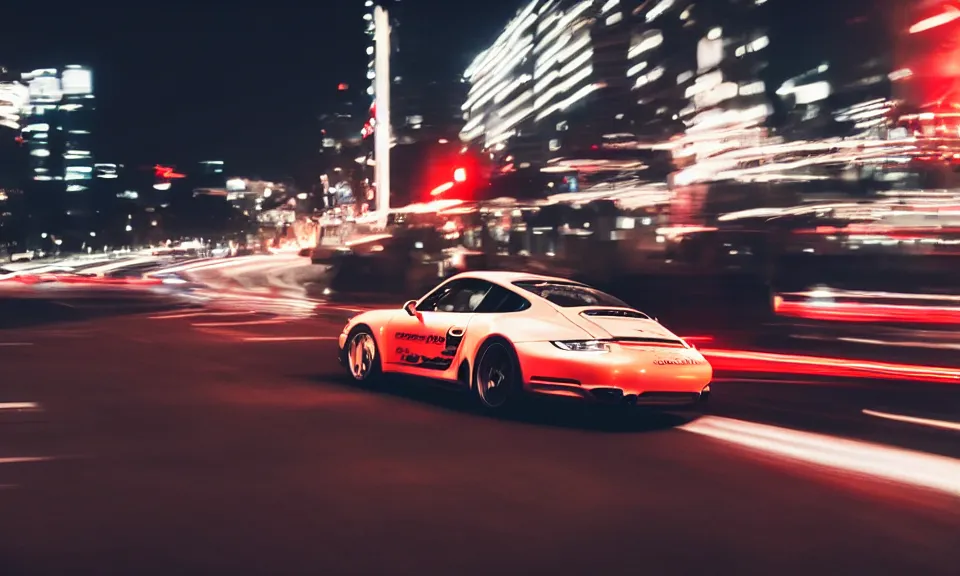 Image similar to photo of a porsche 911 at night driving fast through a city, cinematic, 4k, long exposure photography, tokyo drift, fast and furious, film still, night photography, motion blur, lens flare, movie shot, light trail