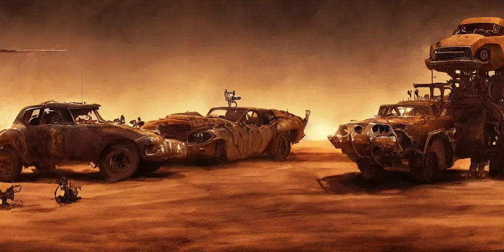 Prompt: an environmental concept art from mad max fury road, single muscle car speeding through the desert, highly detailed, cinematic, dramatic lighting by francis tneh, guy fieri eating a burger, lara croft punching a toaster