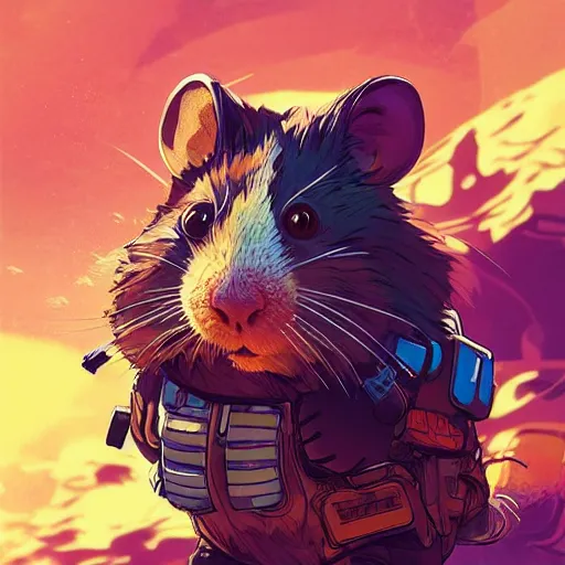 Prompt: crypto hamster as apex legends character, digital illustration portrait design, by android jones and greg rutkowski, retrowave color scheme, detailed, cinematic lighting, wide angle action dynamic portrait