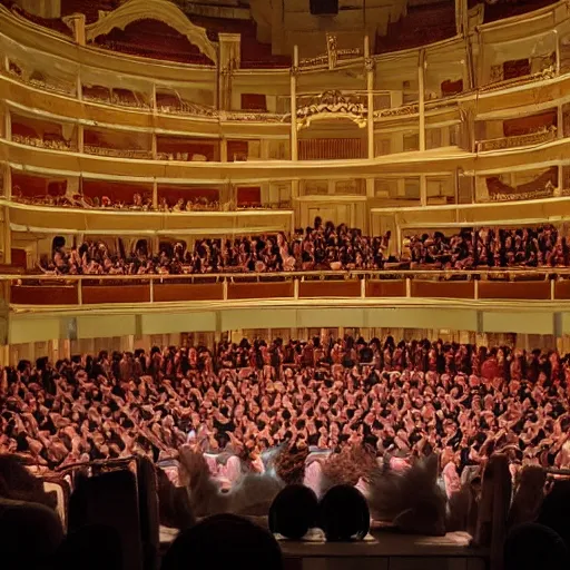 Image similar to opera house filled with audience watching an opera of a sad cat alone on the stage